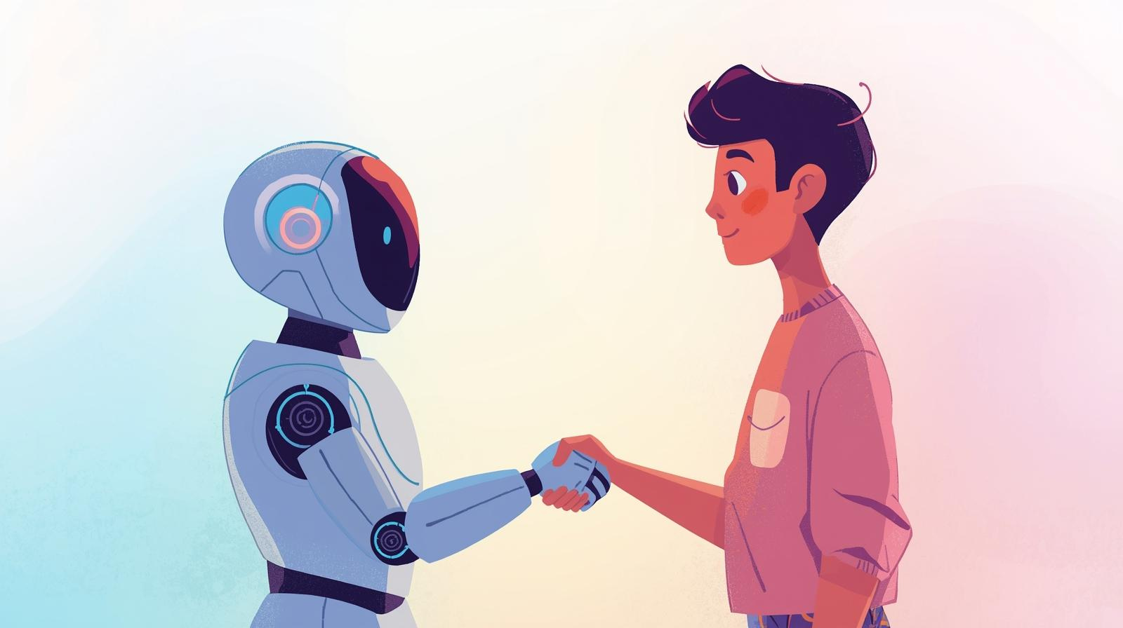 近未来的なロボットと人間が握手している、優しくて明るい色合いのイラスト
