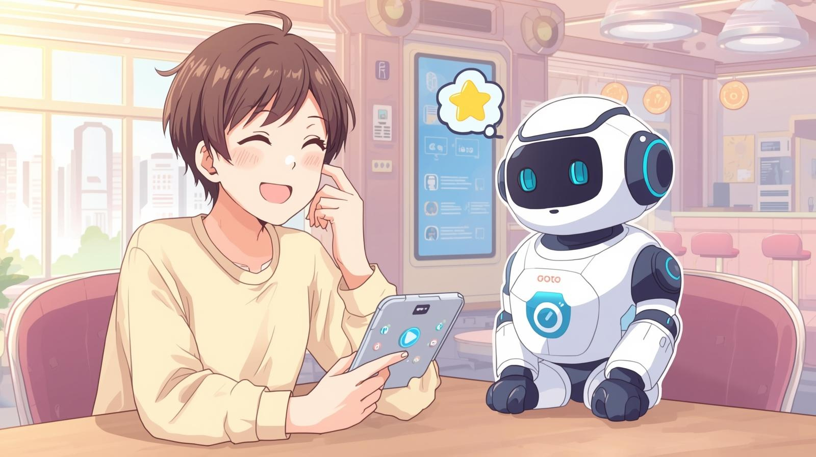 人間がタブレットでChatGPTのようなAIロボットと笑顔で会話しているイラスト。未来的なカフェの背景。フレンドリーな雰囲気、アニメスタイル、かわいいパステルカラー。