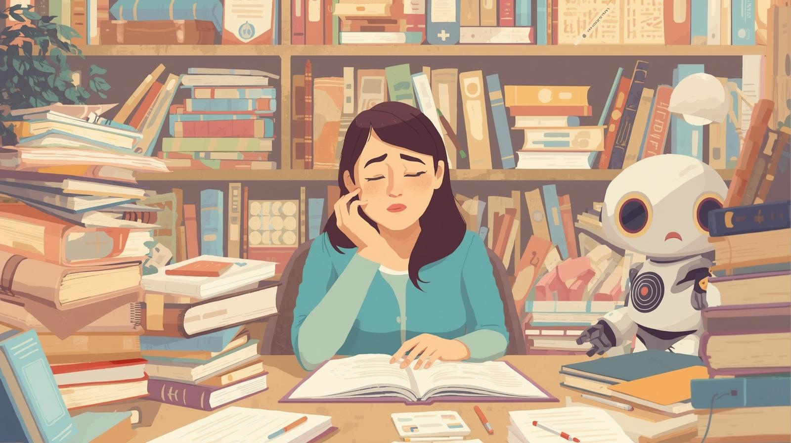 たくさんの本や書類に囲まれて、少し困った顔をしている女性と、その隣でニコニコしているロボットのイラスト。パステルカラーで優しい雰囲気。