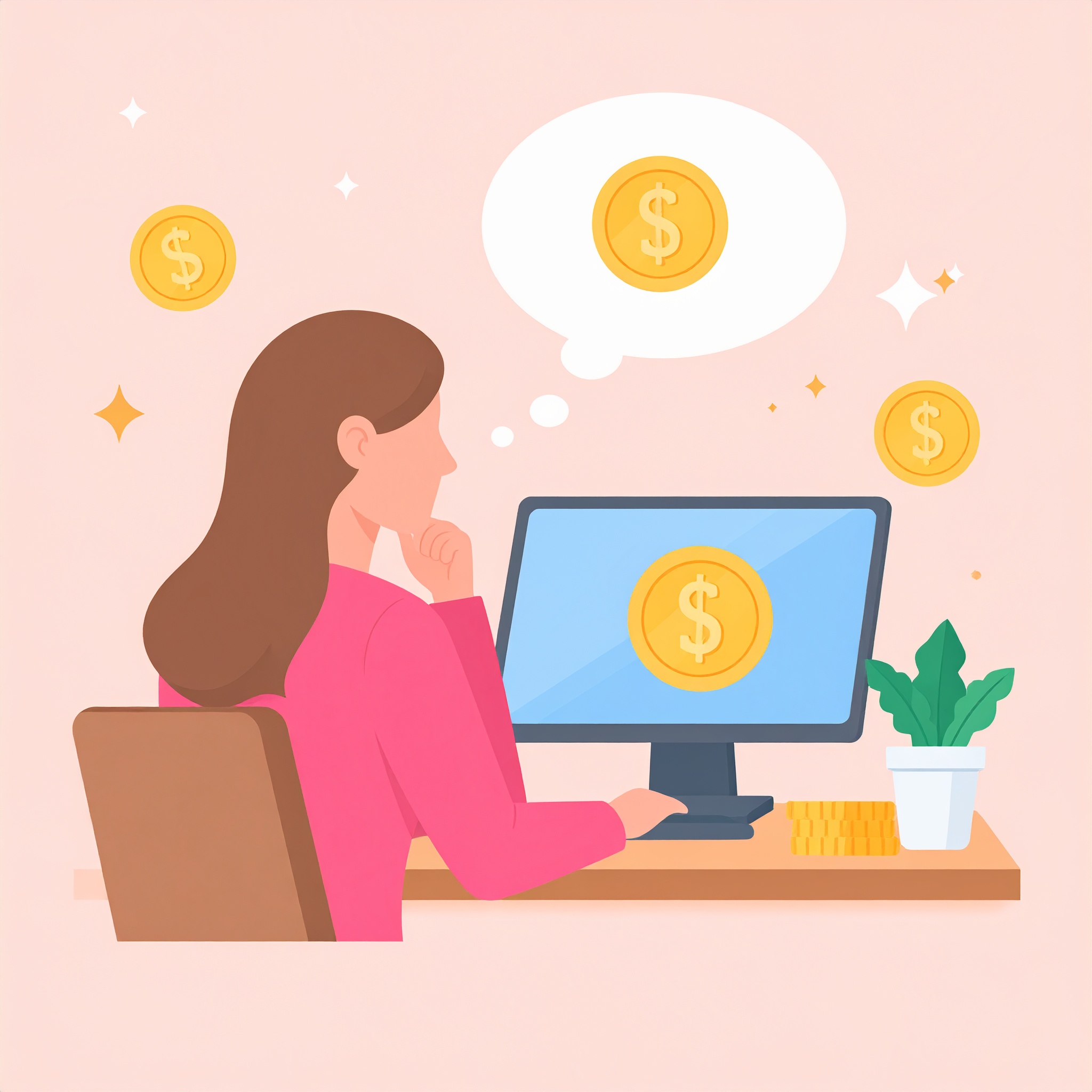 お金について考えている女性のイラスト