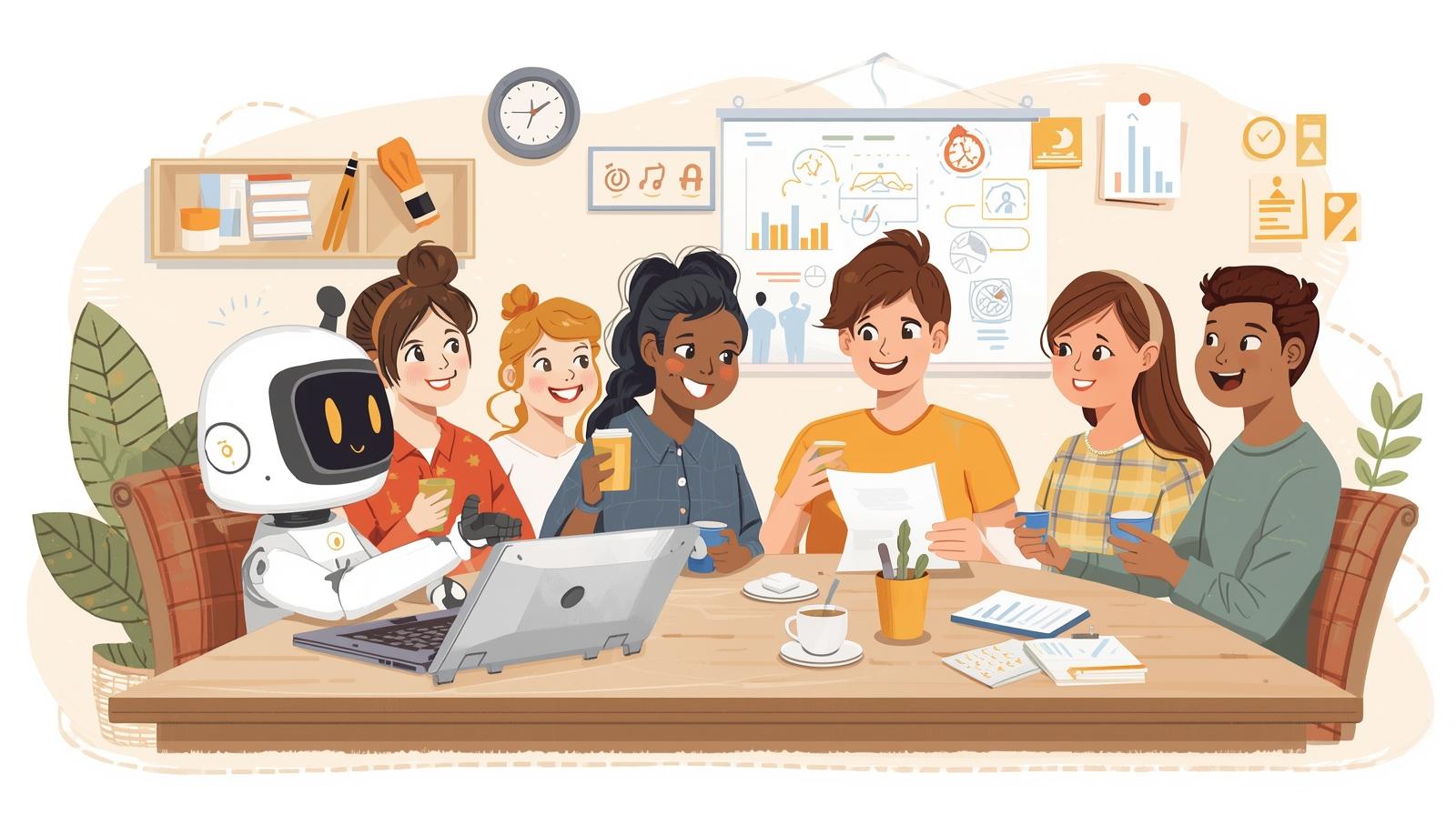 ロボットが作業をしている横で、人間がコーヒーを飲みながらクリエイティブな会議をしているイラスト