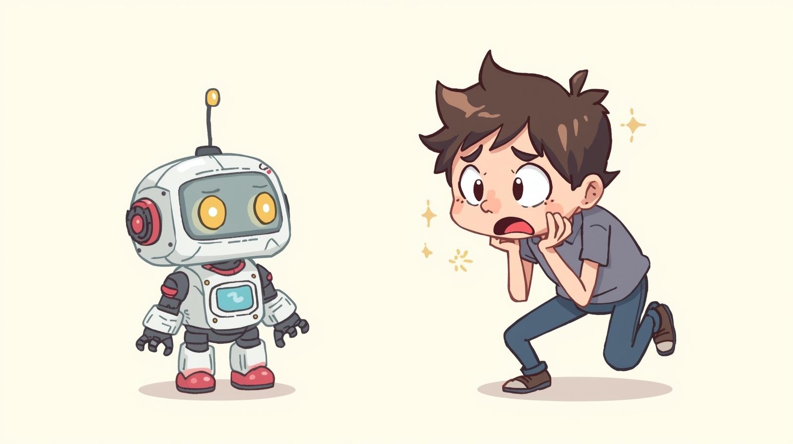 かわいい人形みたいなロボットと、困ってる人のイラスト