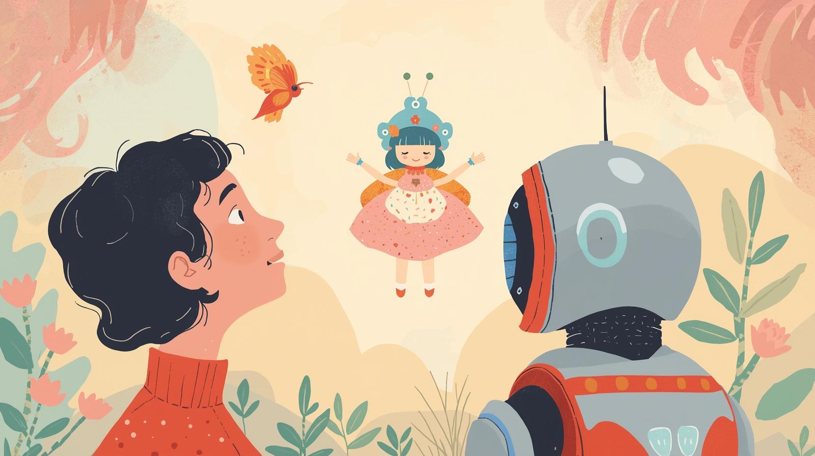 かわいい人形みたいな未来を想像している人とロボット優しい色合いの平面的なイラストで表現-2