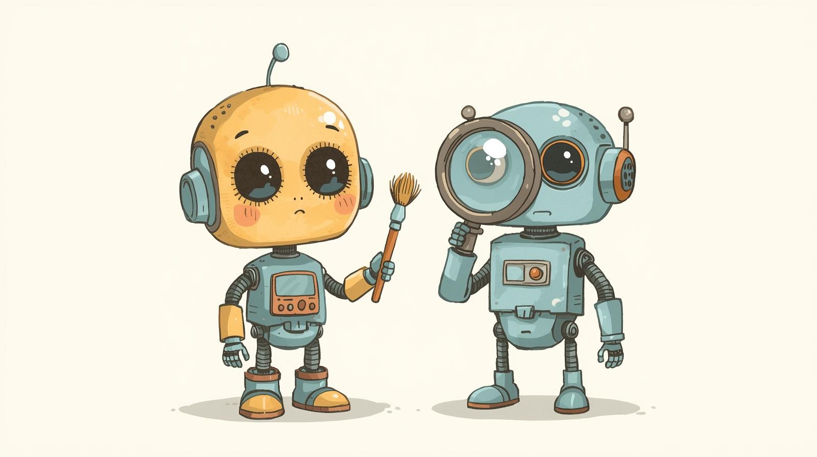 かわいい人形みたいな絵筆を持ったロボットと、虫眼鏡を持ったロボットが並んでいるイラスト