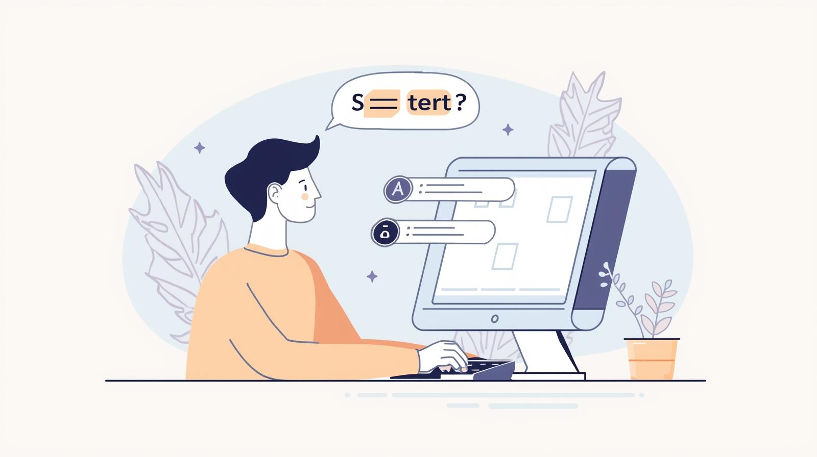 人間パソコンでAIにプロンプトを書いて指示を出しているイメージ画像を優しい色合いの平面的なイラストで表現