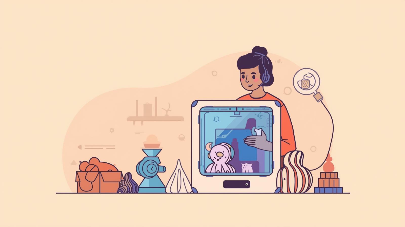 優しい色合いの平面的なイラストの人が3Dプリンターを使って色々なものをつくりだしている