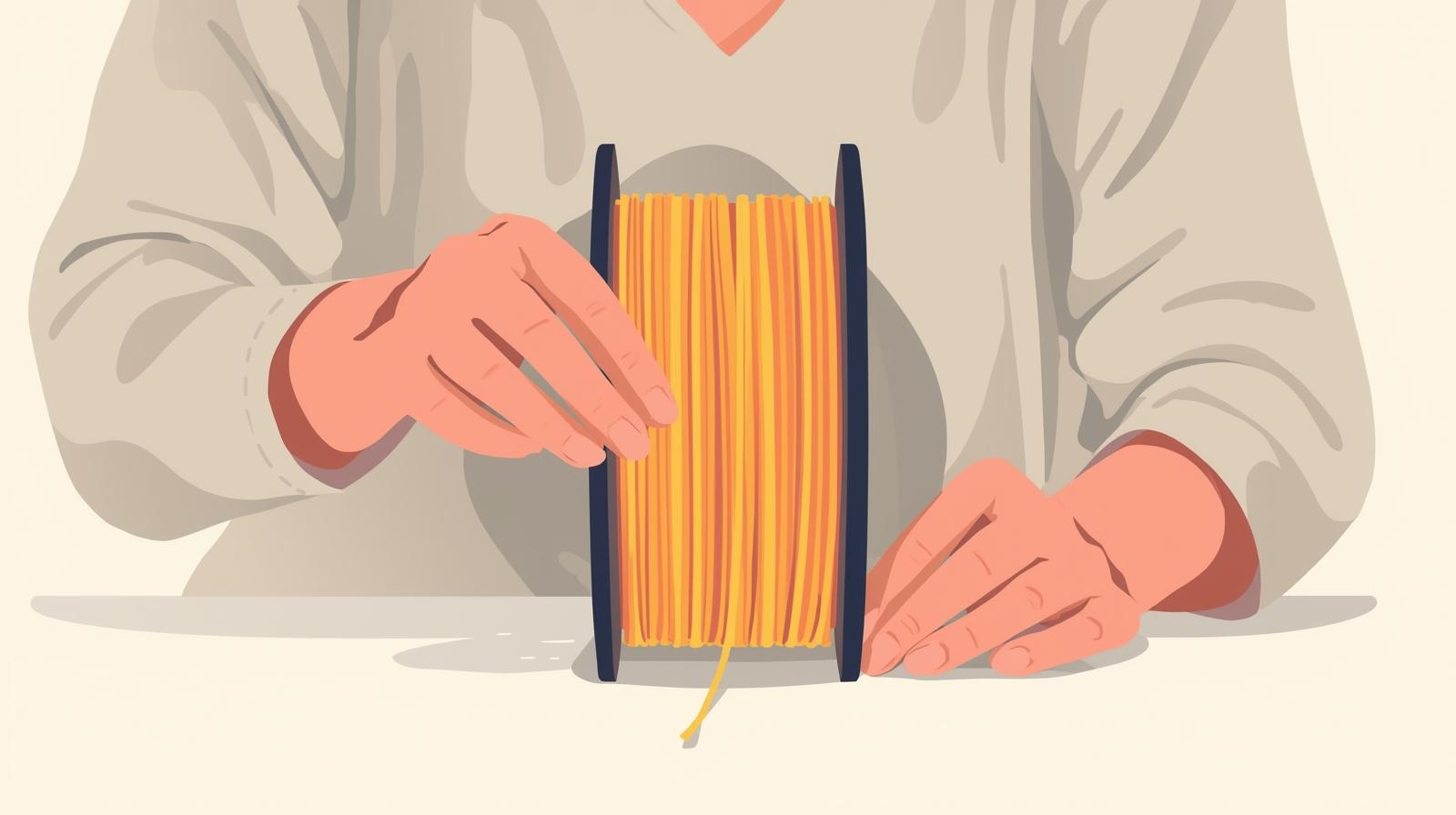 優しい色合いの平面的なイラストの人が3Dプリンター用のフィラメントを選んでいる様子