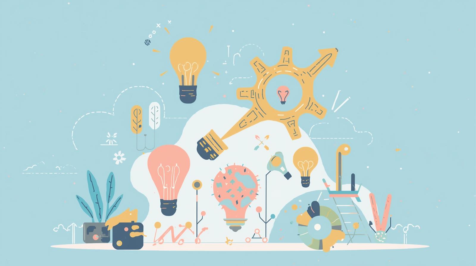 創造力と発想力をイメージできる優しい色合いの平面的なイラストで表現