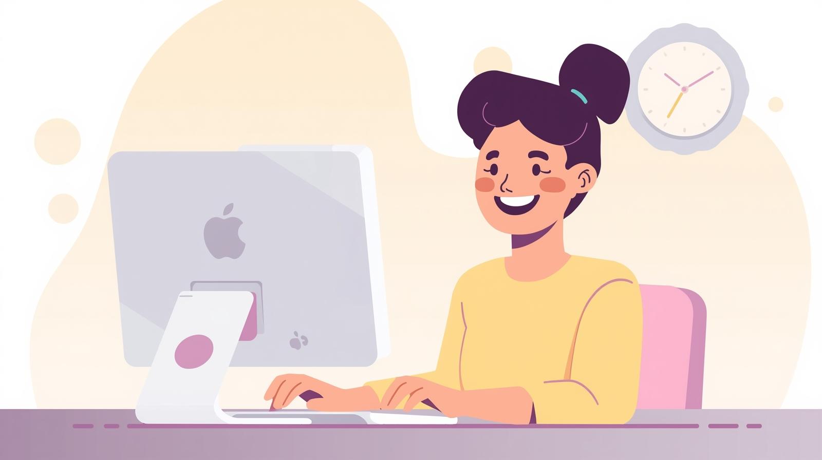 楽しそうにパソコンを操作している優しい色合いの平面的なイラスト