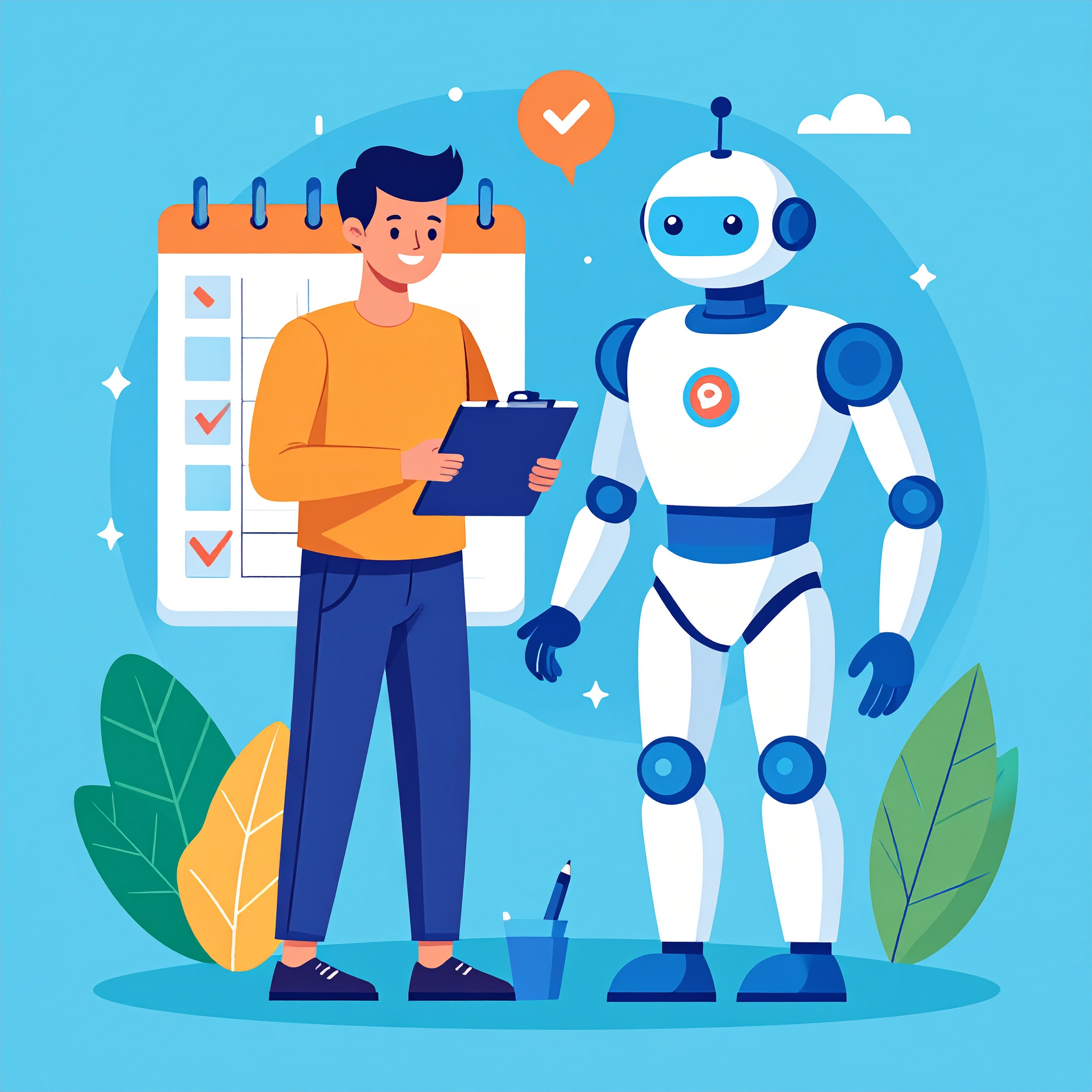 ロボットと一緒にスケジュールやtodoリストを管理している人の優しい平面イラスト