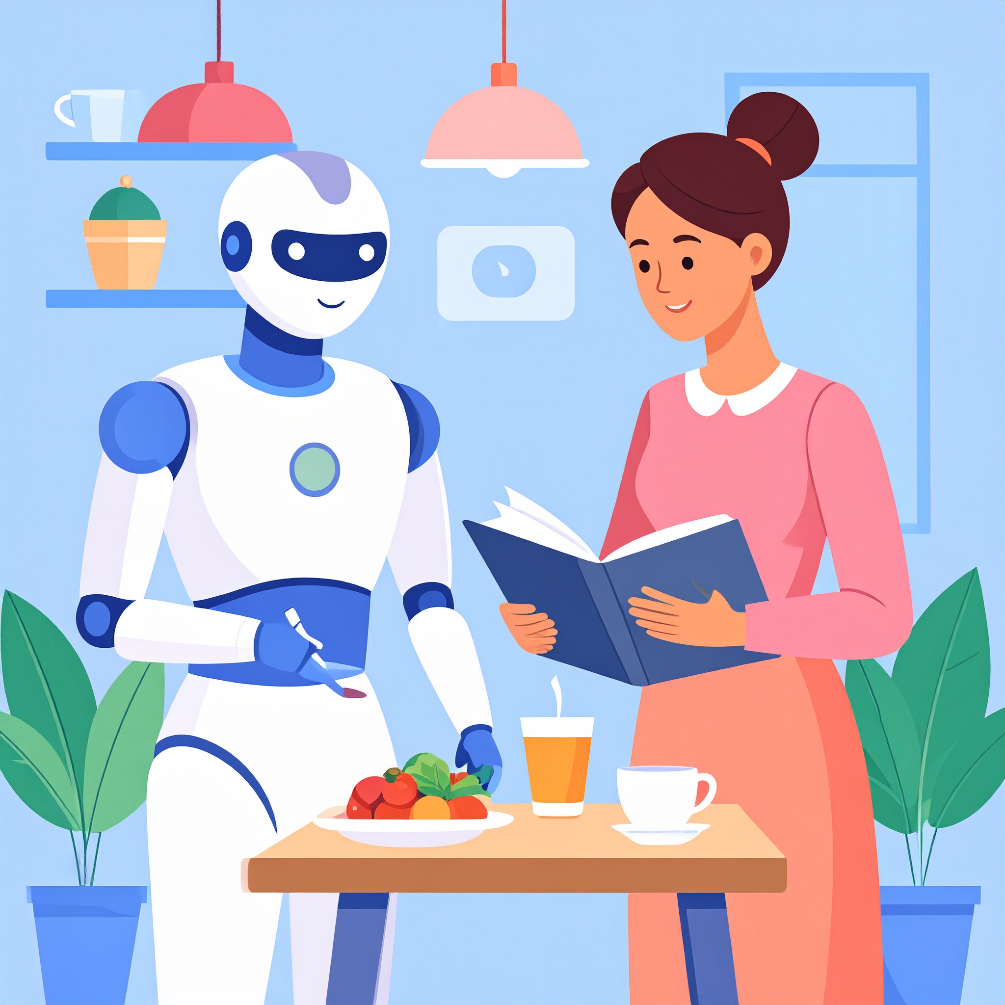 ロボットと一緒に献立を考えている人のイラスト