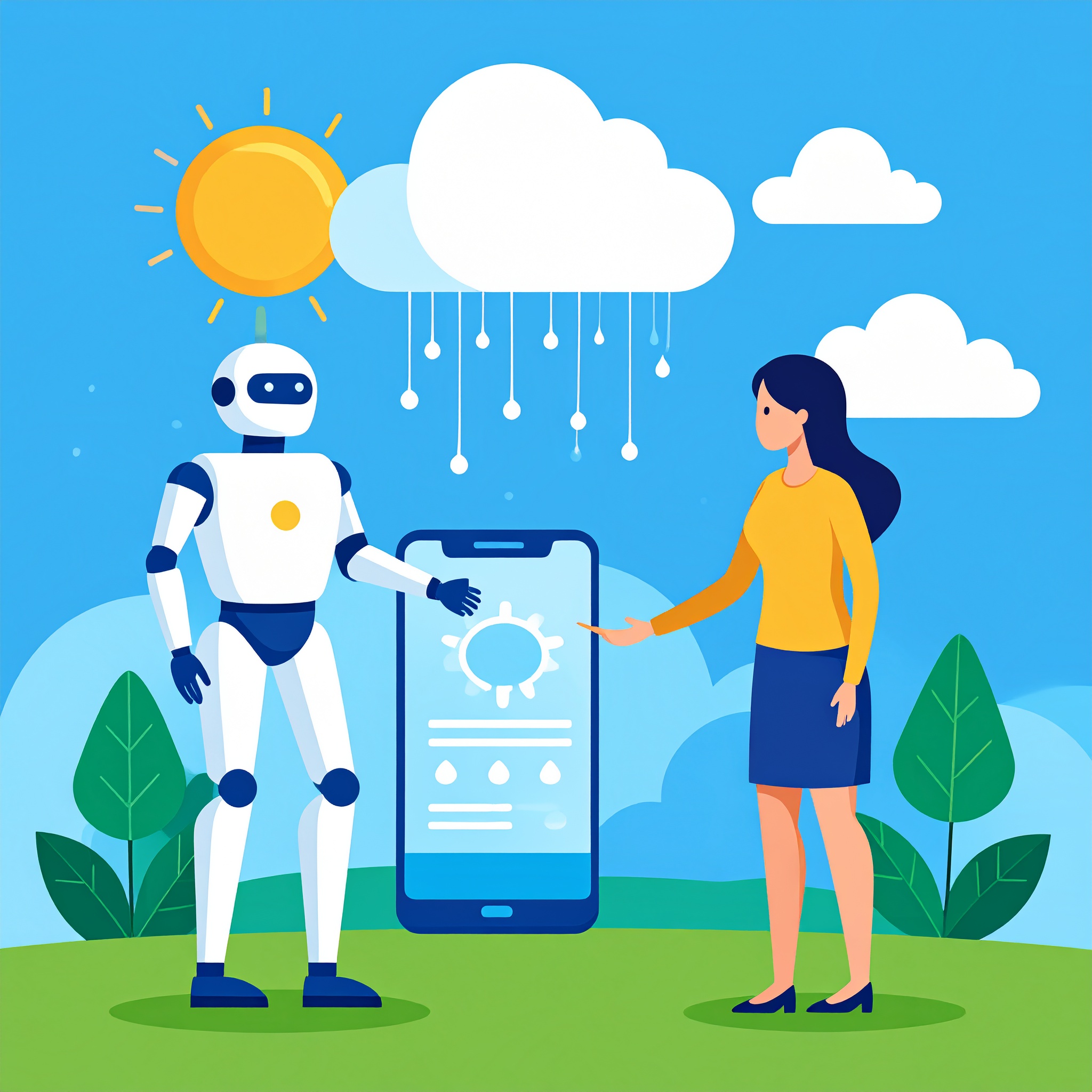 ロボットに天気を教えてもらっているイラスト