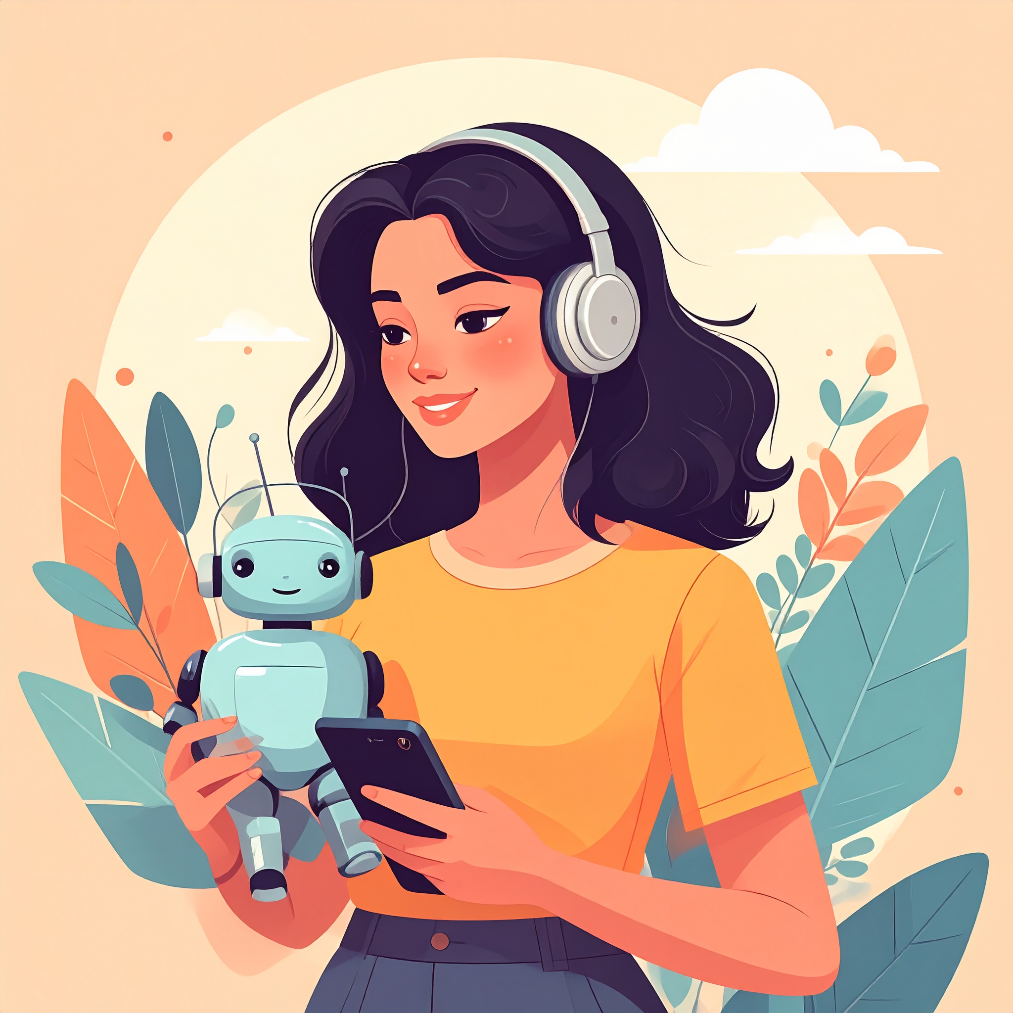 携帯とロボットを持っている女性