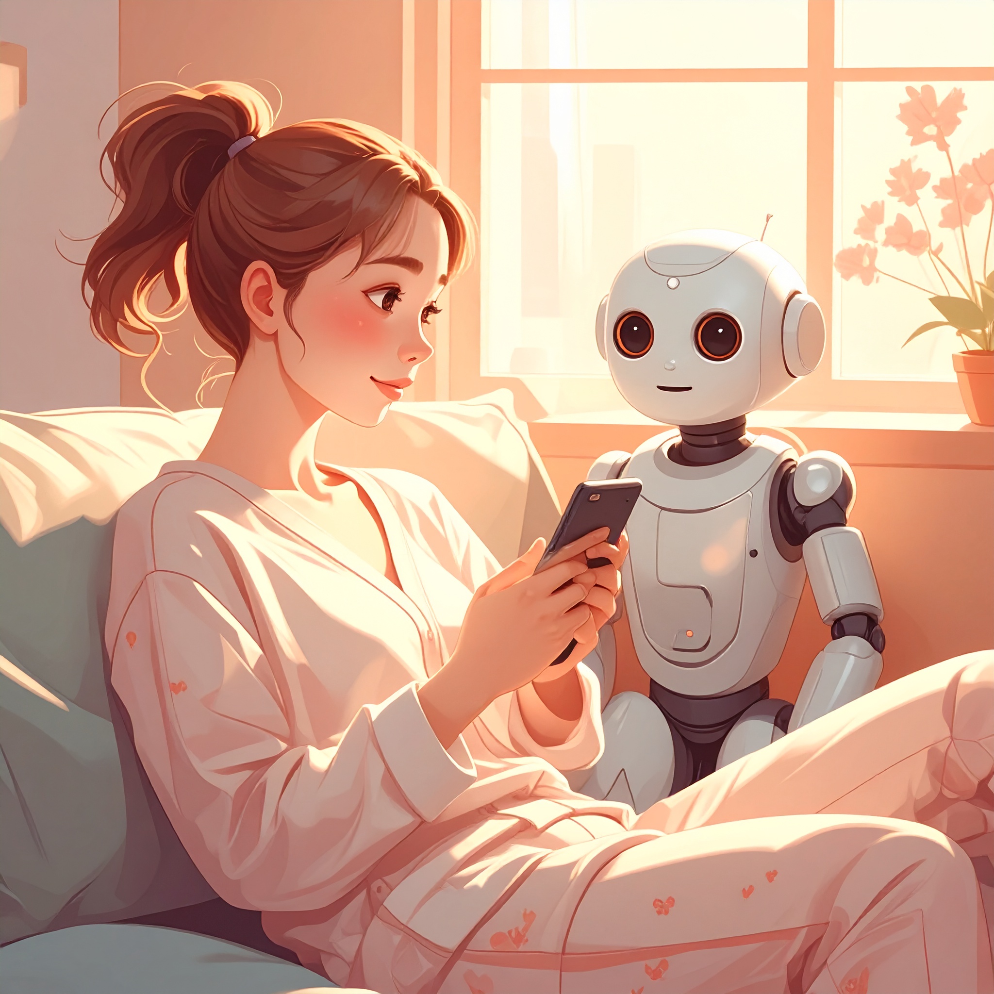 ロボットと話している女の子