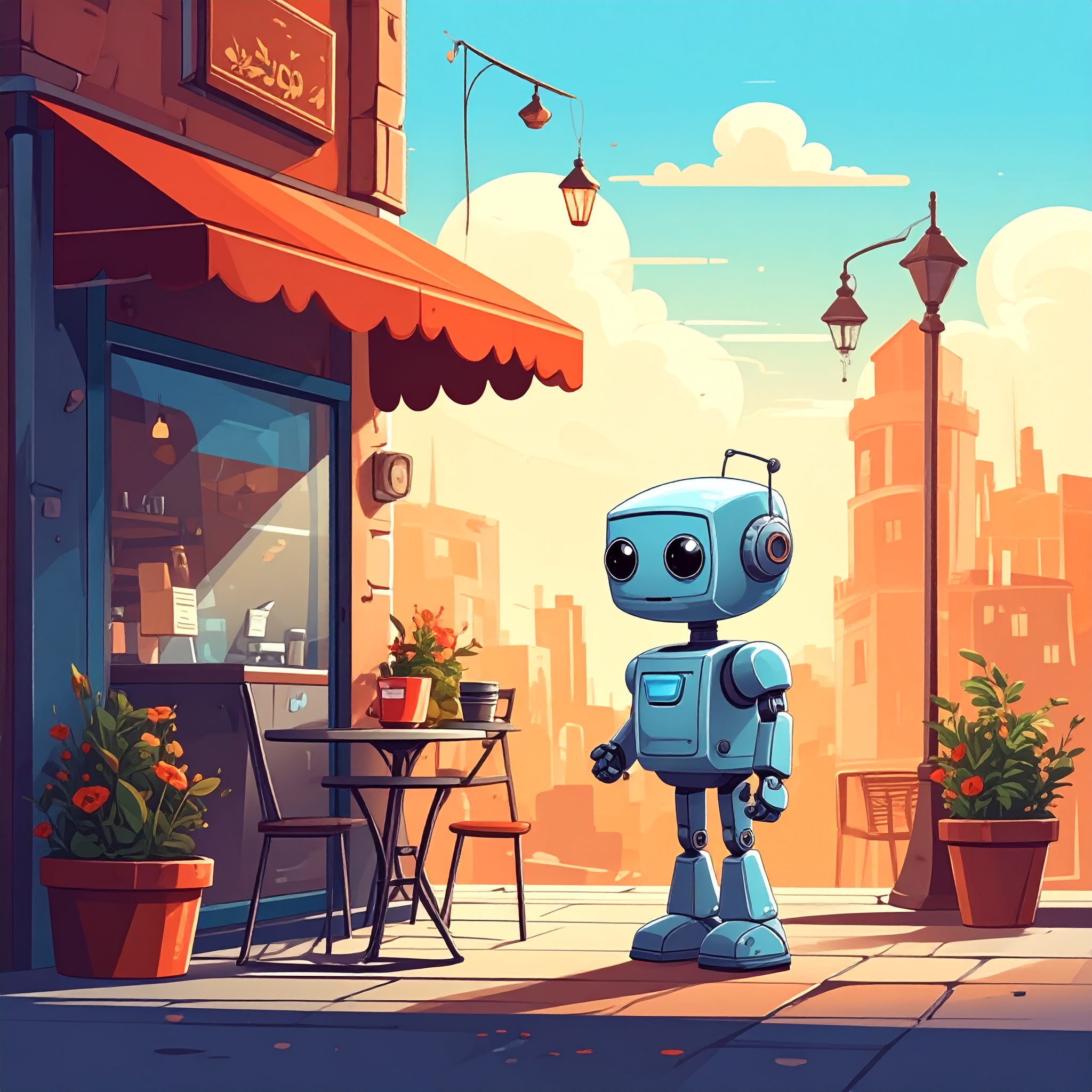 カフェのそばにいるロボットのイラスト