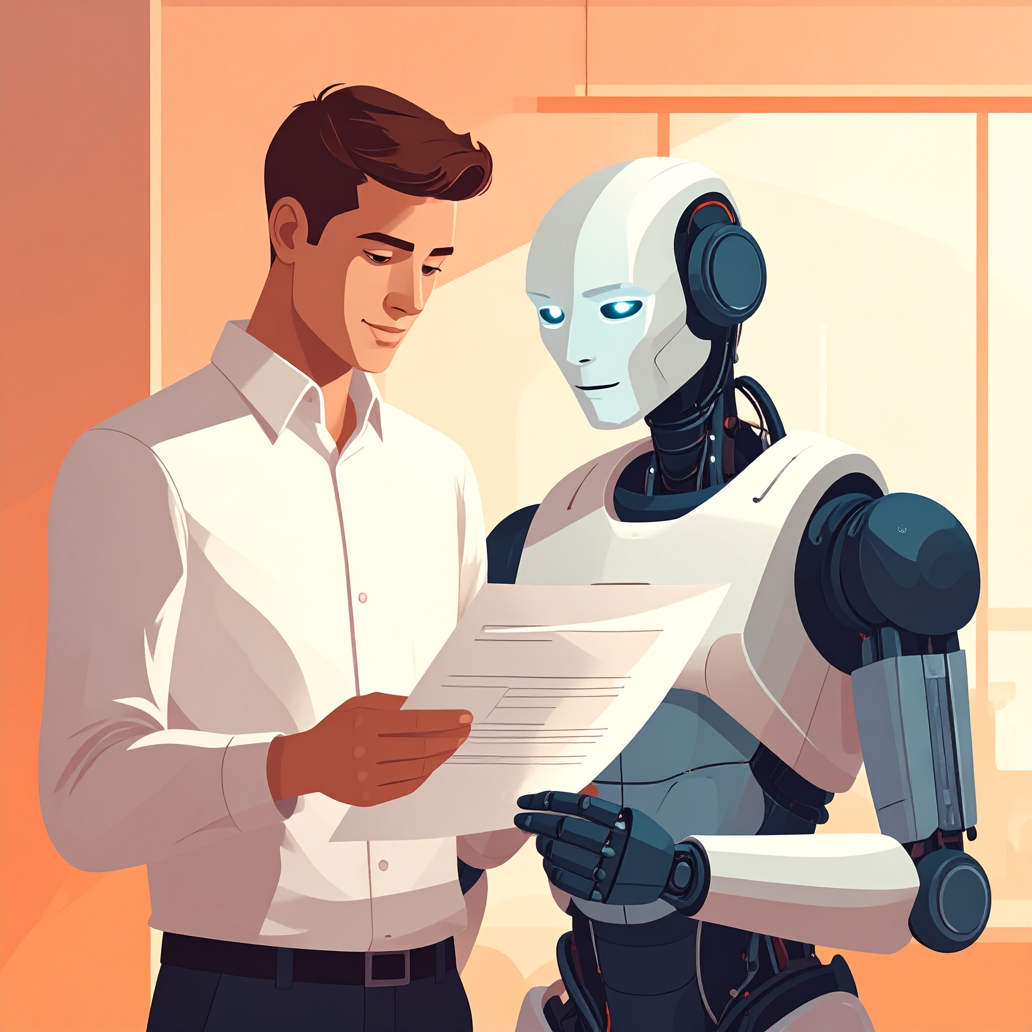 論文を調べている人とロボットのイラスト