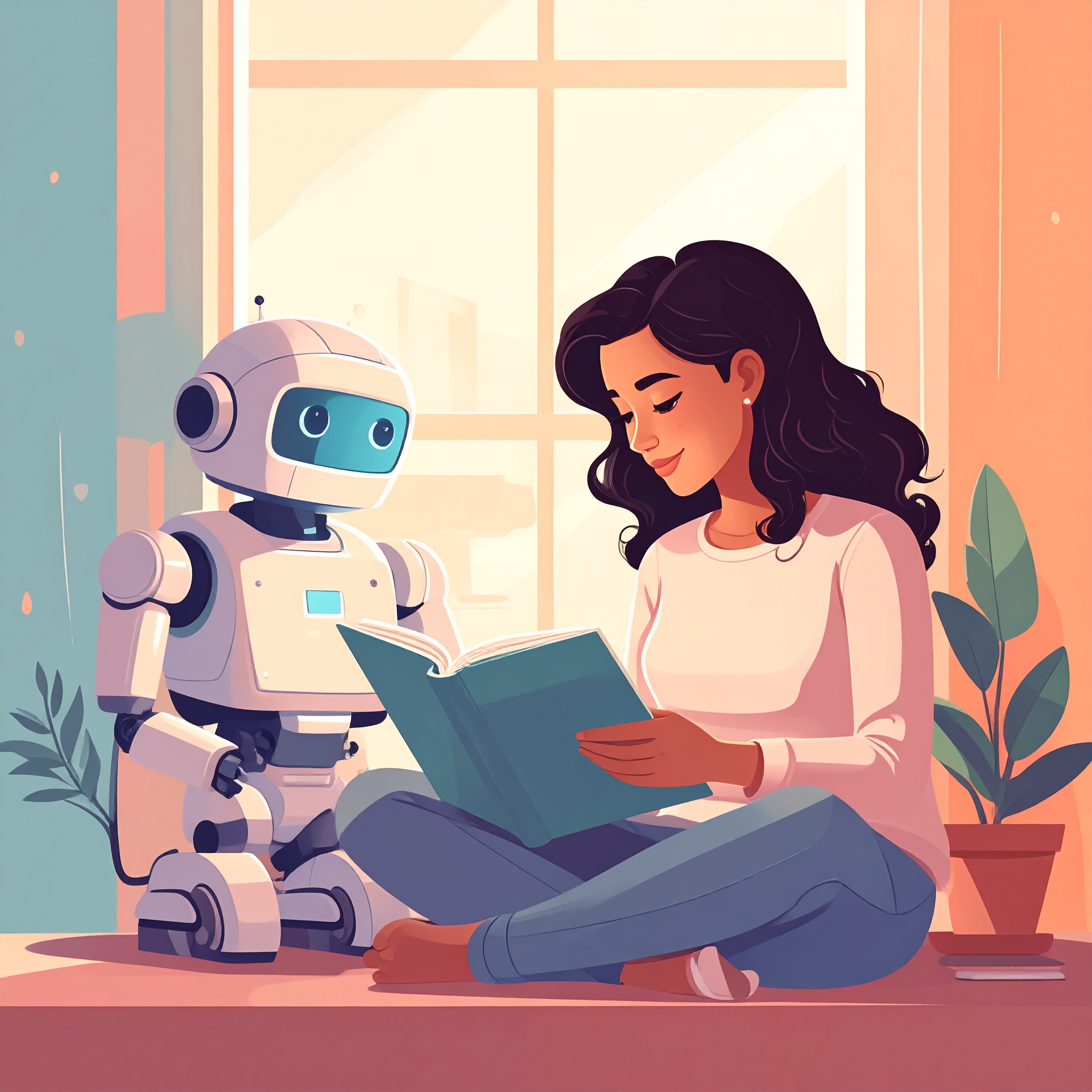 ロボットと一緒に勉強している女性のイラスト