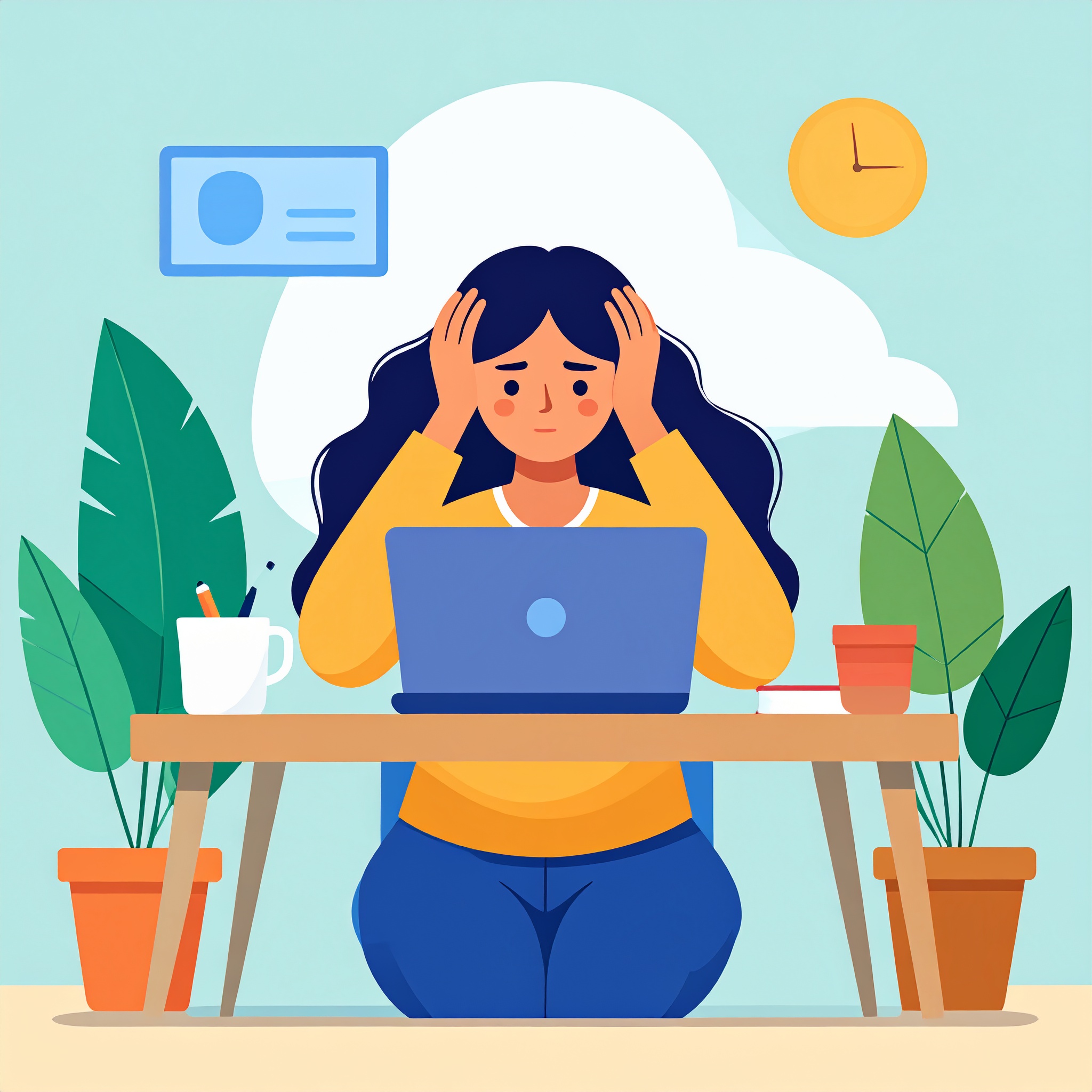 パソコンの前で苦労している女性イラスト